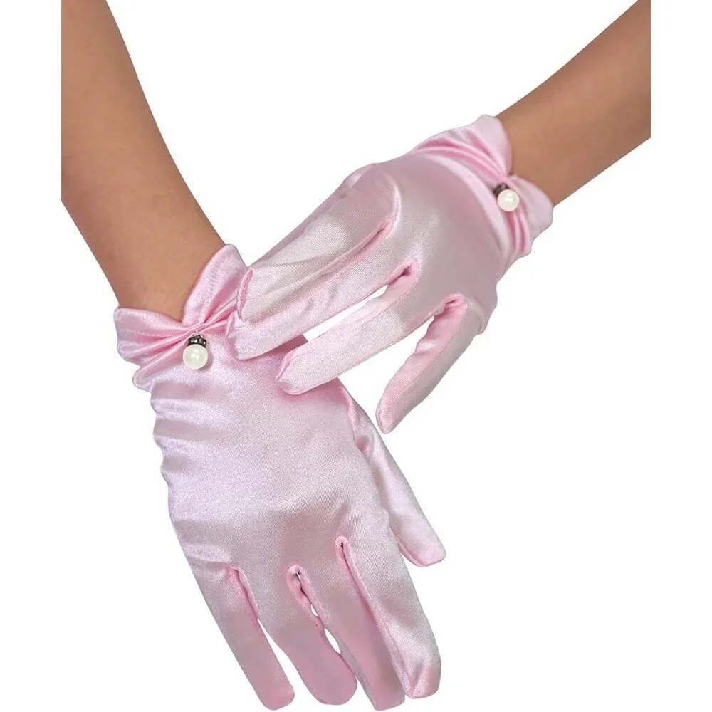 Women's Evening Pink-Satin Short Lace Gloves Wrist Wedding Bridal Party